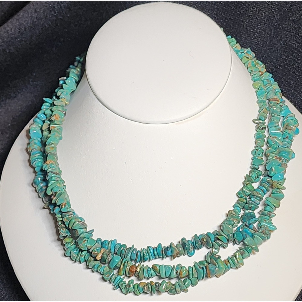 VTG Three Strand Teal green Chips 925 Sterling Silver Necklace 47g Southwest